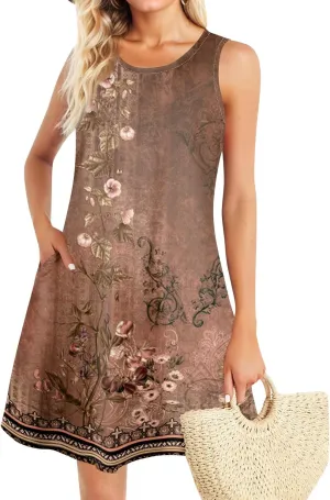 BAXLIMEK Sundresses for Women,2025 Spring Summer Trendy Floral Print Beach Dress Casual Loose Tank Mini Dress with Pockets