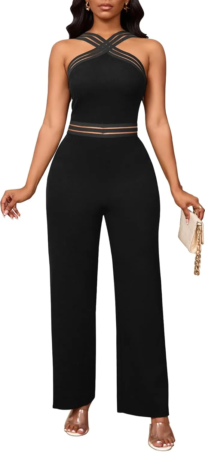 Bdwinz Sexy Halter Summer Jumpsuits for Women Elegant Backless Rompers Wide Leg One Piece Outfits for Women