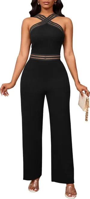 Bdwinz Sexy Halter Summer Jumpsuits for Women Elegant Backless Rompers Wide Leg One Piece Outfits for Women