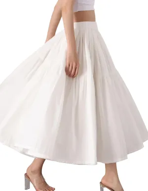 BEAUTELICATE Women 100% Cotton Maxi Skirt Elastic Waist Two Side Pocket Casual Pleated Skirt