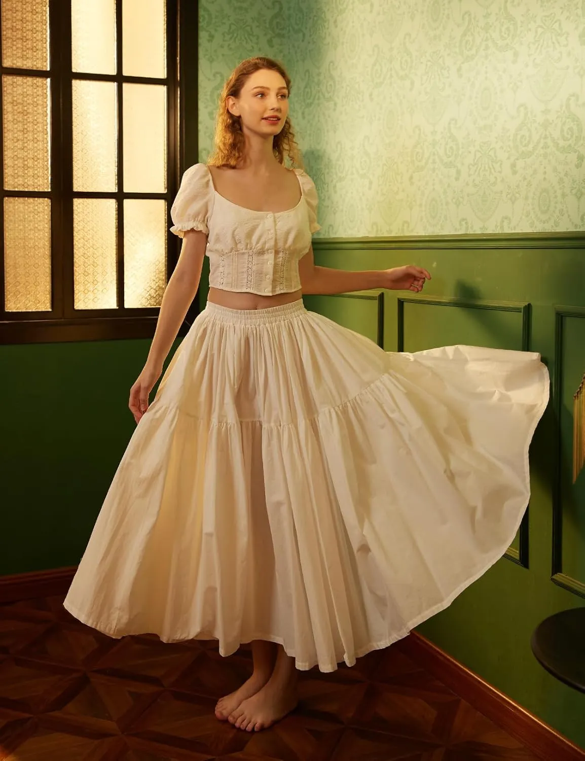 BEAUTELICATE Women 100% Cotton Maxi Skirt Elastic Waist Two Side Pocket Casual Pleated Skirt