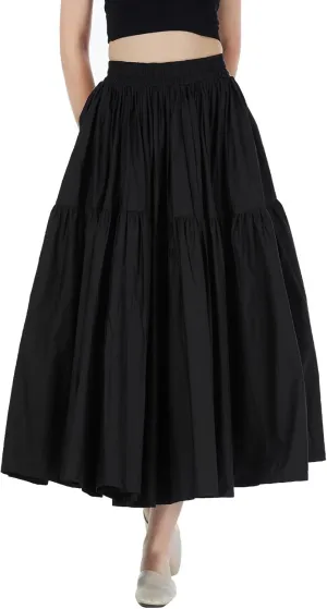 BEAUTELICATE Women 100% Cotton Maxi Skirt Elastic Waist Two Side Pocket Casual Pleated Skirt