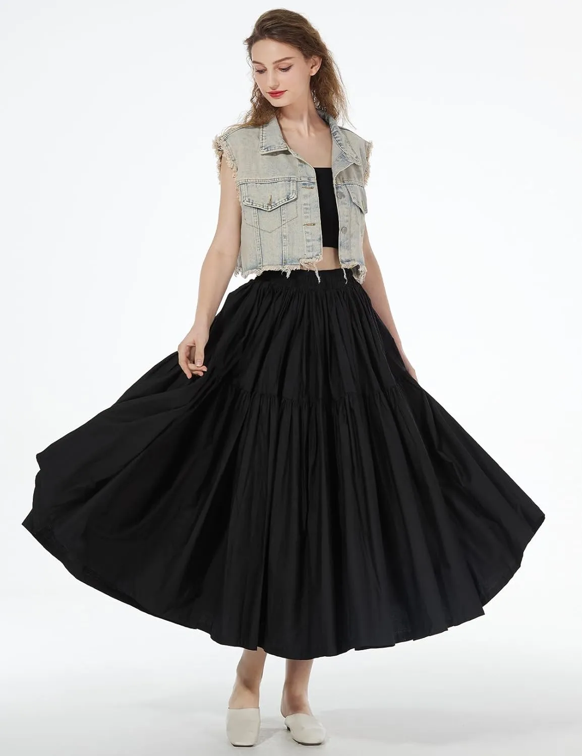 BEAUTELICATE Women 100% Cotton Maxi Skirt Elastic Waist Two Side Pocket Casual Pleated Skirt