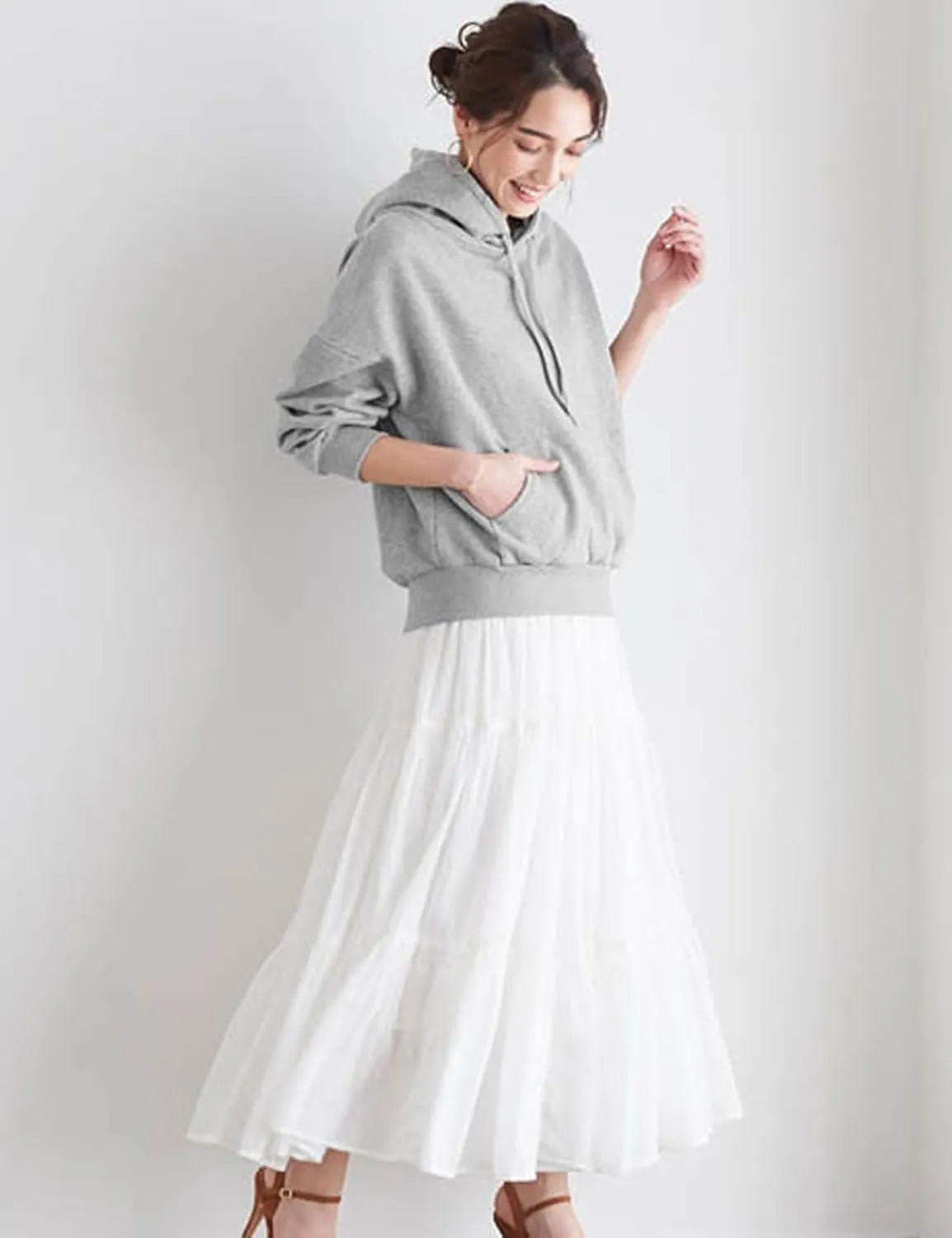 BEAUTELICATE Women 100% Cotton Maxi Skirt Elastic Waist Two Side Pocket Casual Pleated Skirt