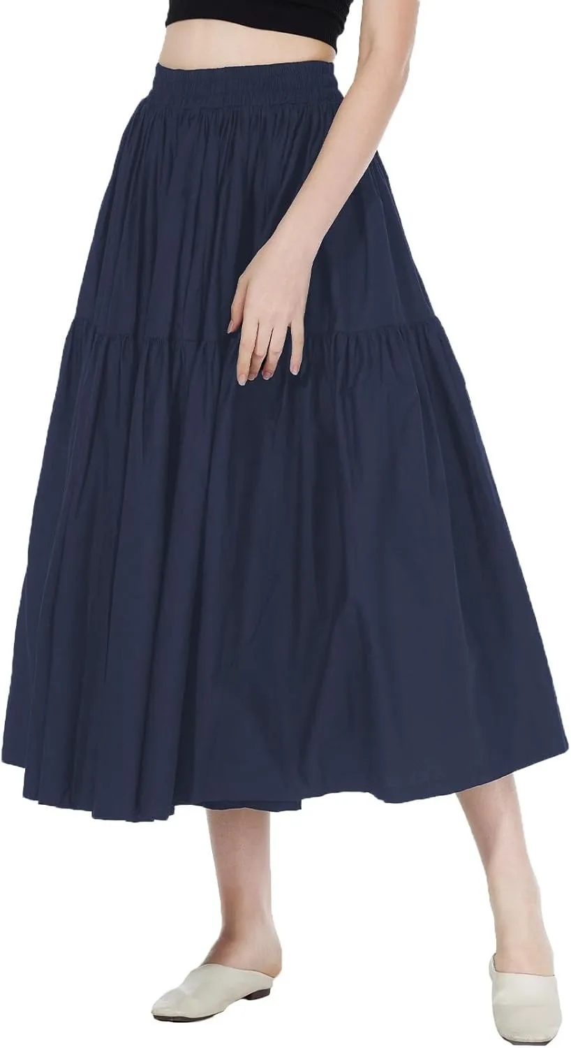 BEAUTELICATE Women 100% Cotton Maxi Skirt Elastic Waist Two Side Pocket Casual Pleated Skirt