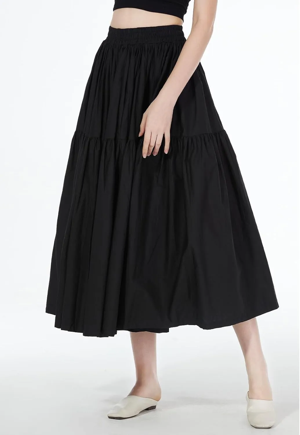 BEAUTELICATE Women 100% Cotton Maxi Skirt Elastic Waist Two Side Pocket Casual Pleated Skirt