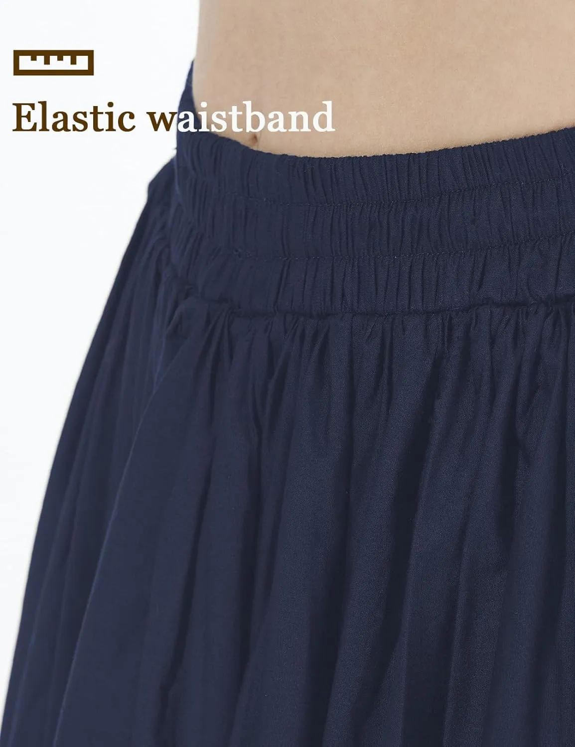 BEAUTELICATE Women 100% Cotton Maxi Skirt Elastic Waist Two Side Pocket Casual Pleated Skirt