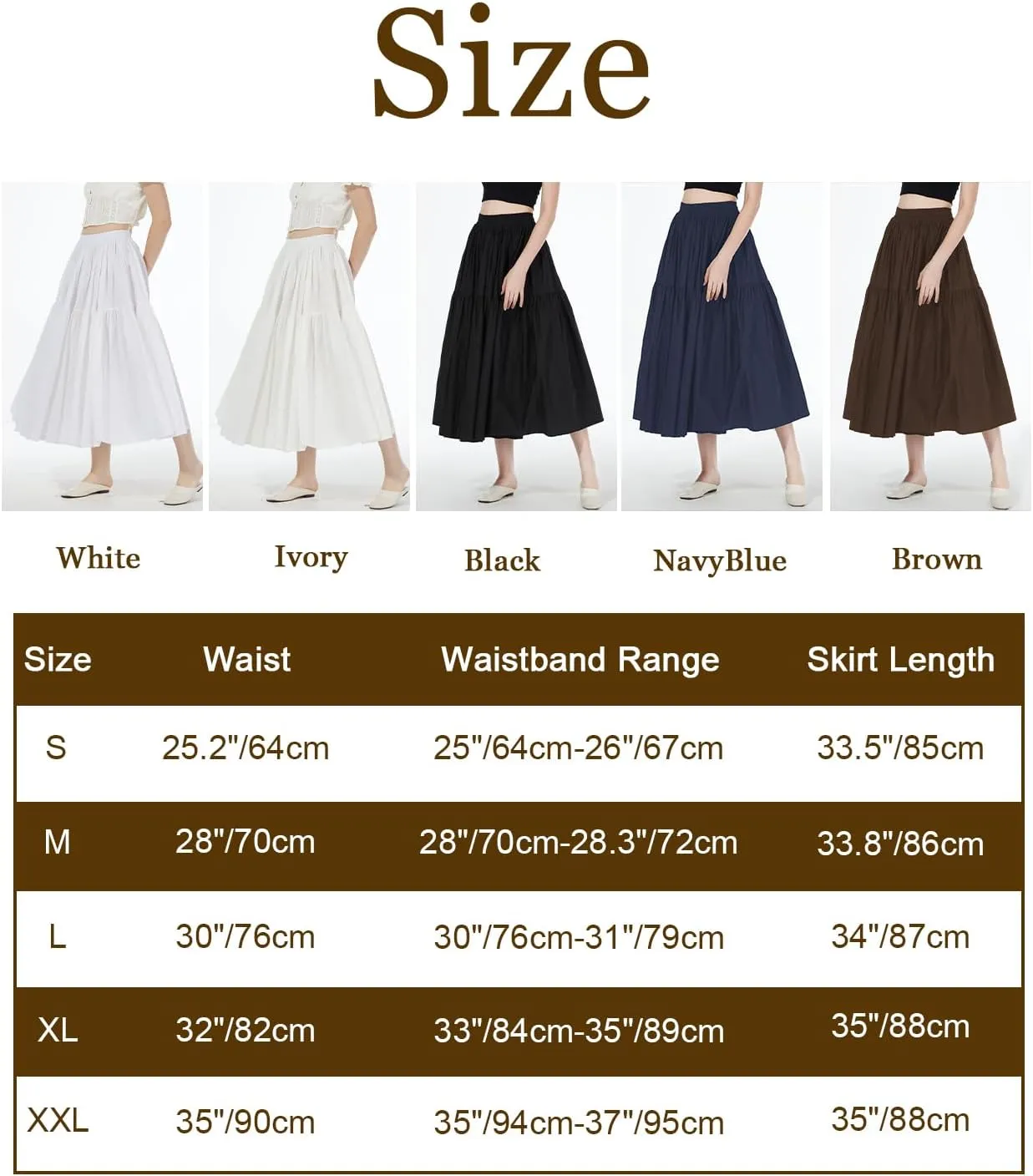 BEAUTELICATE Women 100% Cotton Maxi Skirt Elastic Waist Two Side Pocket Casual Pleated Skirt
