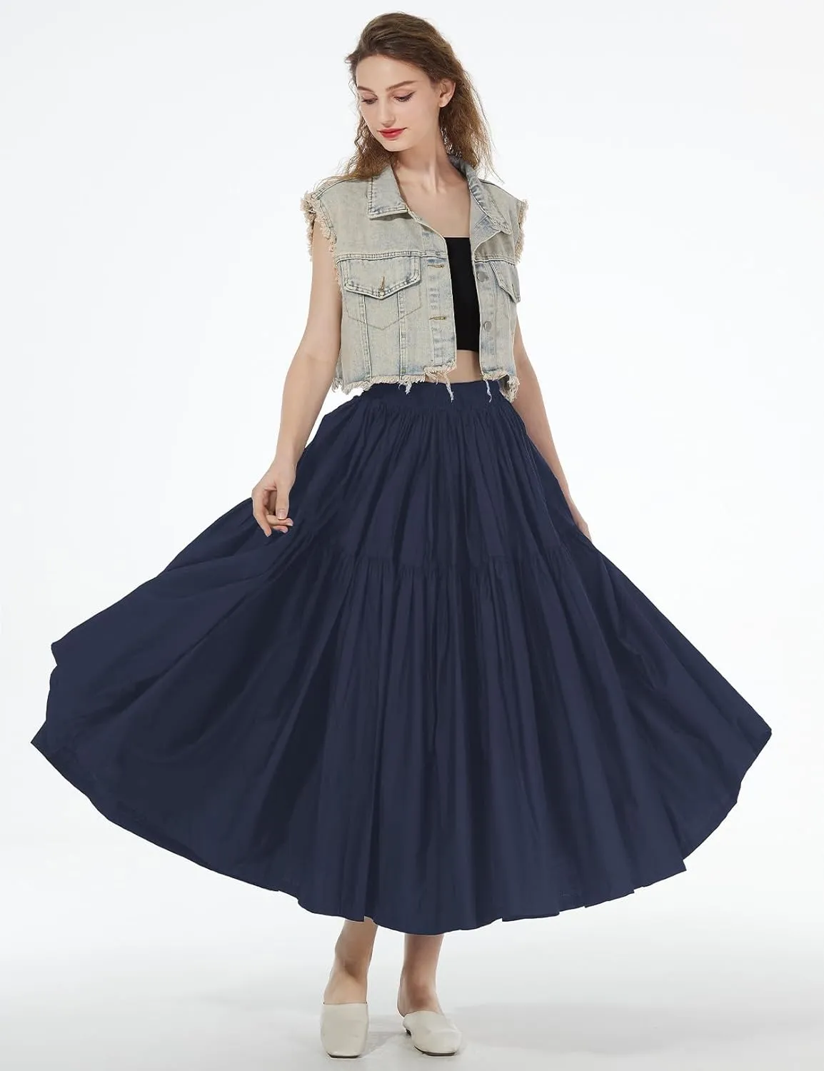 BEAUTELICATE Women 100% Cotton Maxi Skirt Elastic Waist Two Side Pocket Casual Pleated Skirt