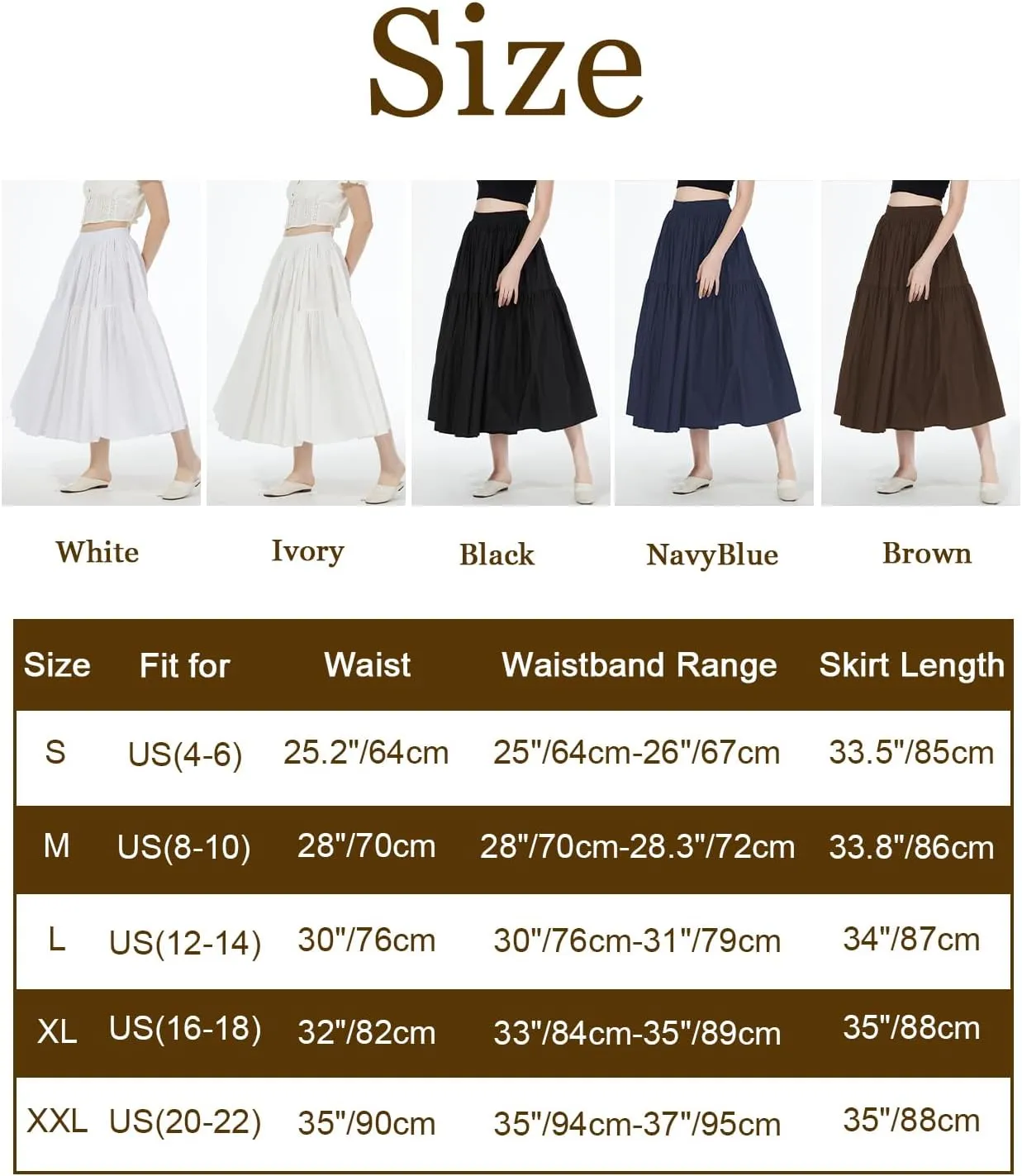 BEAUTELICATE Women 100% Cotton Maxi Skirt Elastic Waist Two Side Pocket Casual Pleated Skirt