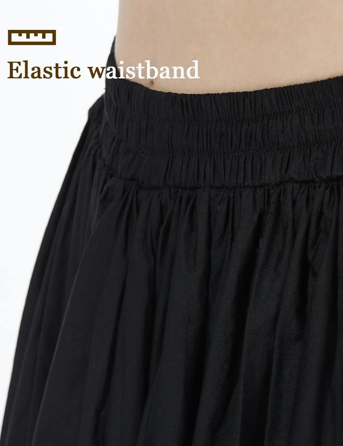 BEAUTELICATE Women 100% Cotton Maxi Skirt Elastic Waist Two Side Pocket Casual Pleated Skirt