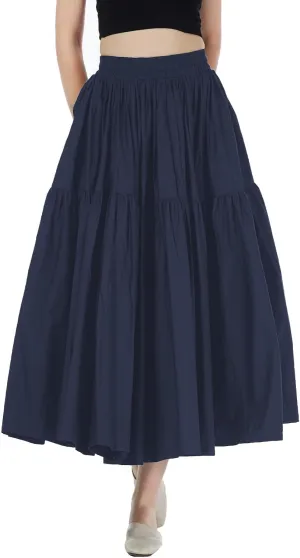 BEAUTELICATE Women 100% Cotton Maxi Skirt Elastic Waist Two Side Pocket Casual Pleated Skirt