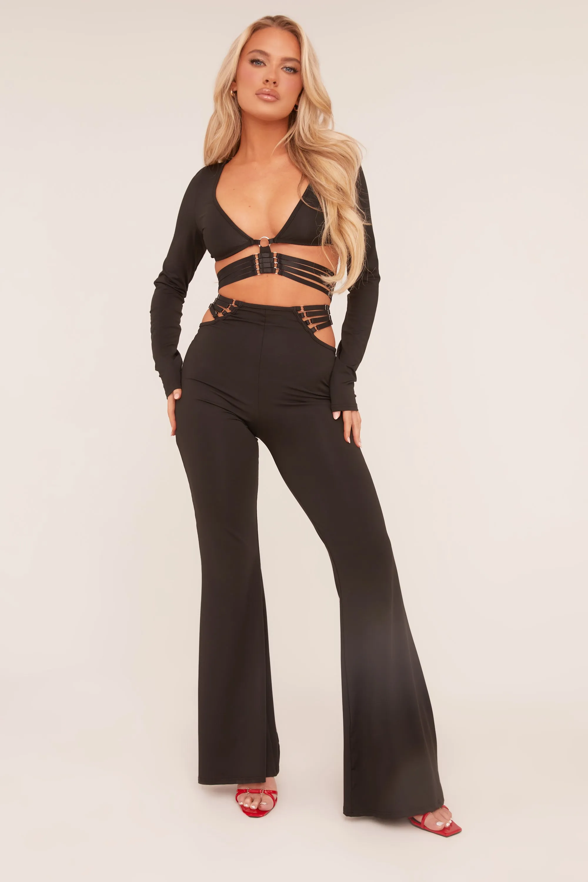Black Strap Detail Cropped Top & Kick Flare Trouser Co-ord Set - Jemima