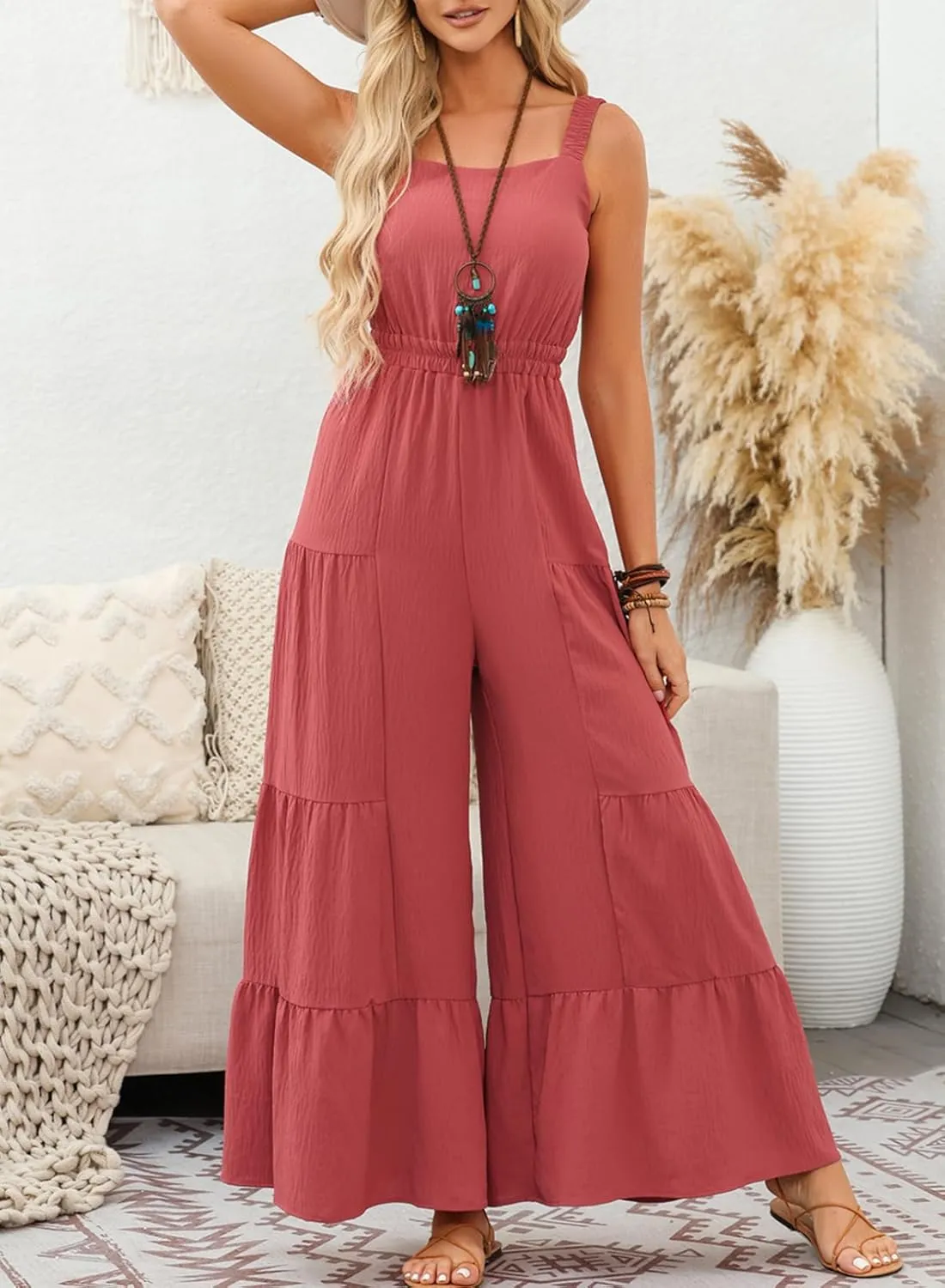 BLENCOT Jumpsuits for Women Summer Casual Loose Sleeveless Overalls Jumpsuit Ruffle Wide Leg Long Flare Pant Flowy Rompers