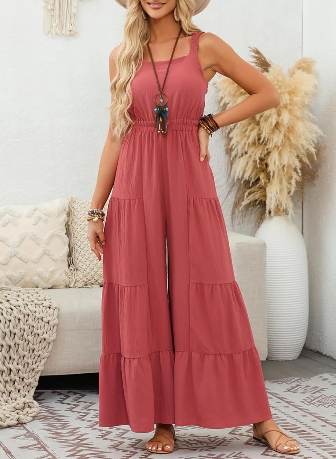 BLENCOT Jumpsuits for Women Summer Casual Loose Sleeveless Overalls Jumpsuit Ruffle Wide Leg Long Flare Pant Flowy Rompers