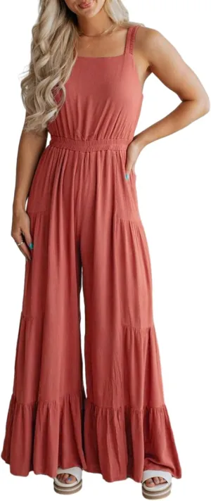 BLENCOT Jumpsuits for Women Summer Casual Loose Sleeveless Overalls Jumpsuit Ruffle Wide Leg Long Flare Pant Flowy Rompers