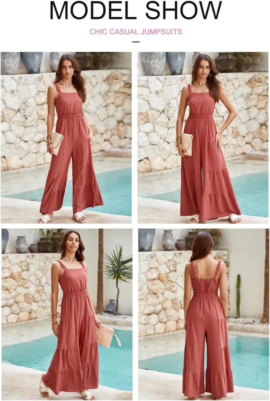 BLENCOT Jumpsuits for Women Summer Casual Loose Sleeveless Overalls Jumpsuit Ruffle Wide Leg Long Flare Pant Flowy Rompers