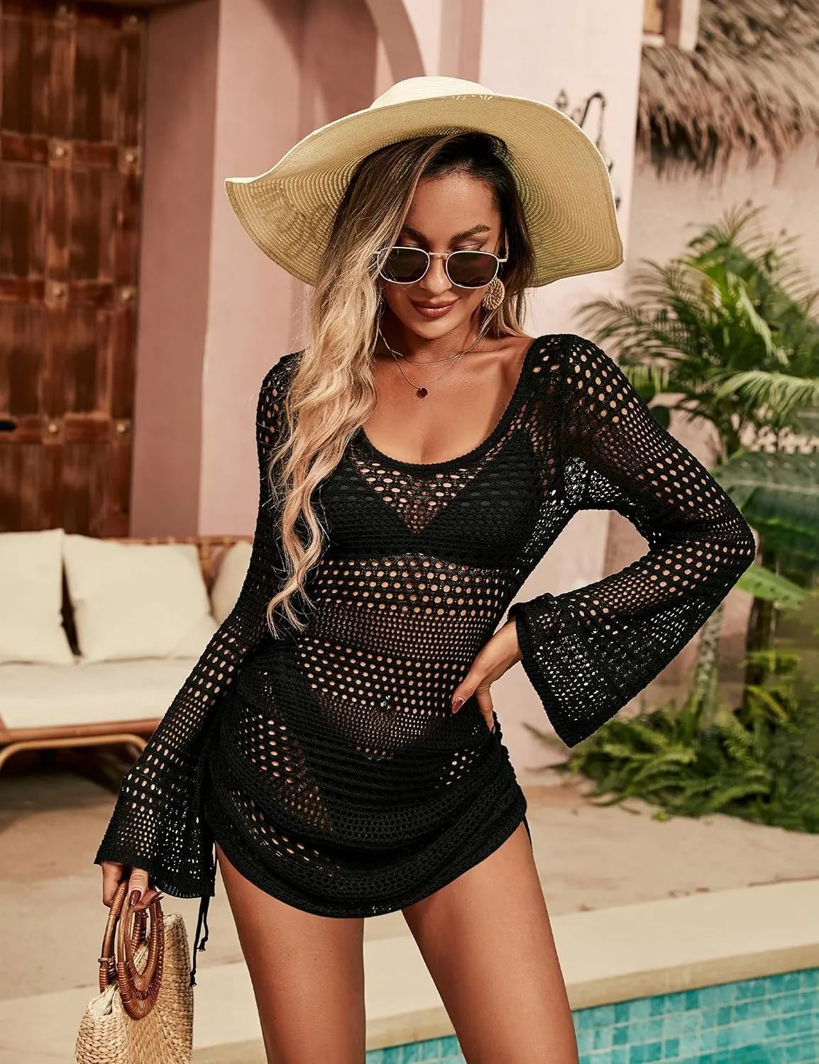 Blooming Jelly Womens Crochet Swimsuit Cover Up Knot Back Swim Cover Ups Drawstring Bathing Suits Coverup 2025