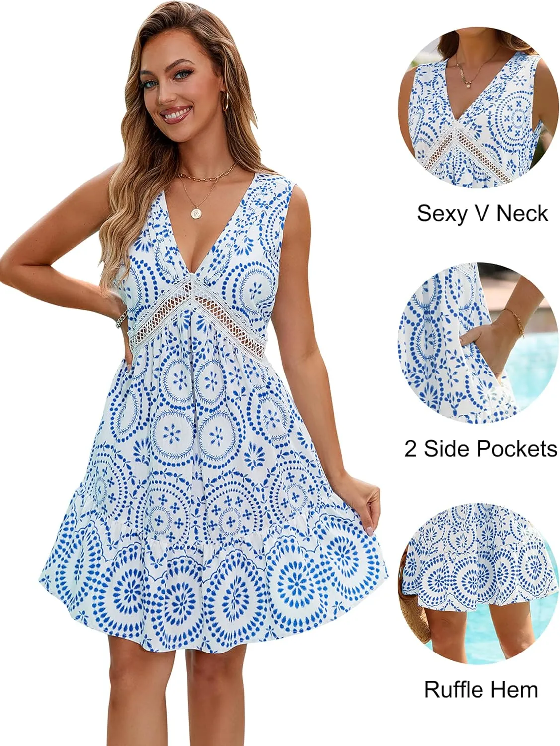 Blooming Jelly Womens Swimsuit Coverup Swimwear Bathing Suit Cover Up Floral Lace Boho Beach Dress with Pockets