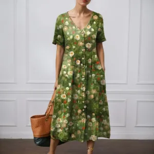 Boho Floral Midi Dress for Women Short Sleeve Button Down V Neck Summer Casual Flowy Vacation Beach Long Dress