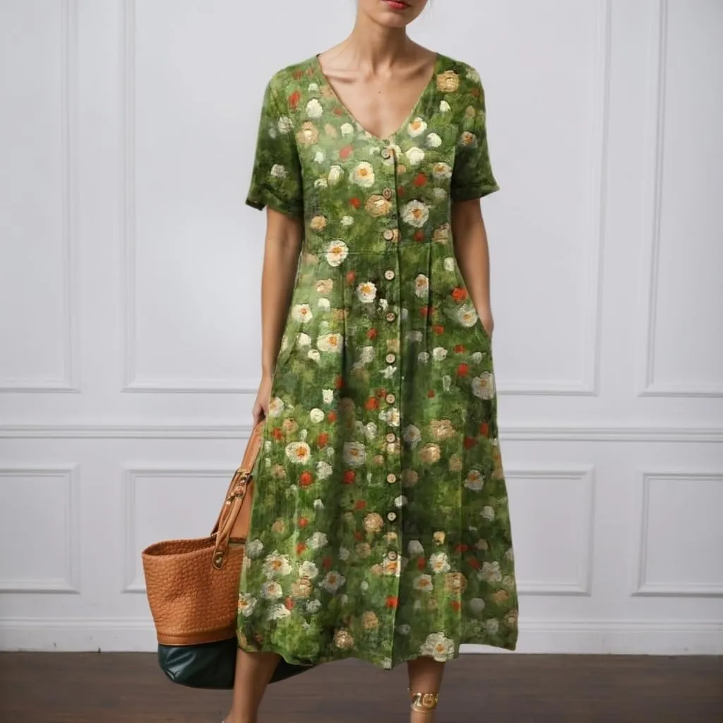 Boho Floral Midi Dress for Women Short Sleeve Button Down V Neck Summer Casual Flowy Vacation Beach Long Dress
