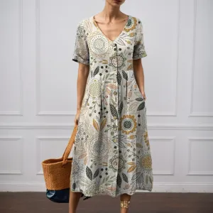 Boho Floral Midi Dress for Women Short Sleeve Button Down V Neck Summer Casual Flowy Vacation Beach Long Dress