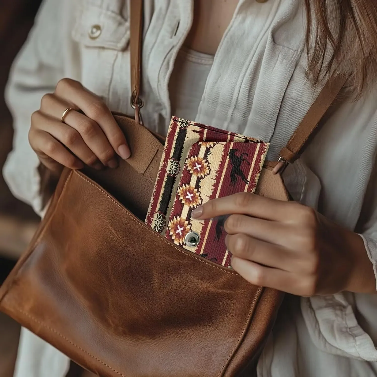 Brown Horse Pattern Long Wallet with Button for Womens Ladies Casual Lightweight Leather Clutch Bags Portable Cash Purses Pouch for Travel Business Shop Outdoor Use