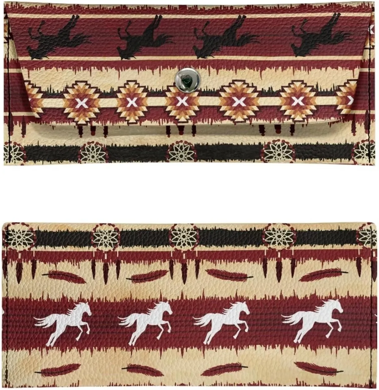 Brown Horse Pattern Long Wallet with Button for Womens Ladies Casual Lightweight Leather Clutch Bags Portable Cash Purses Pouch for Travel Business Shop Outdoor Use