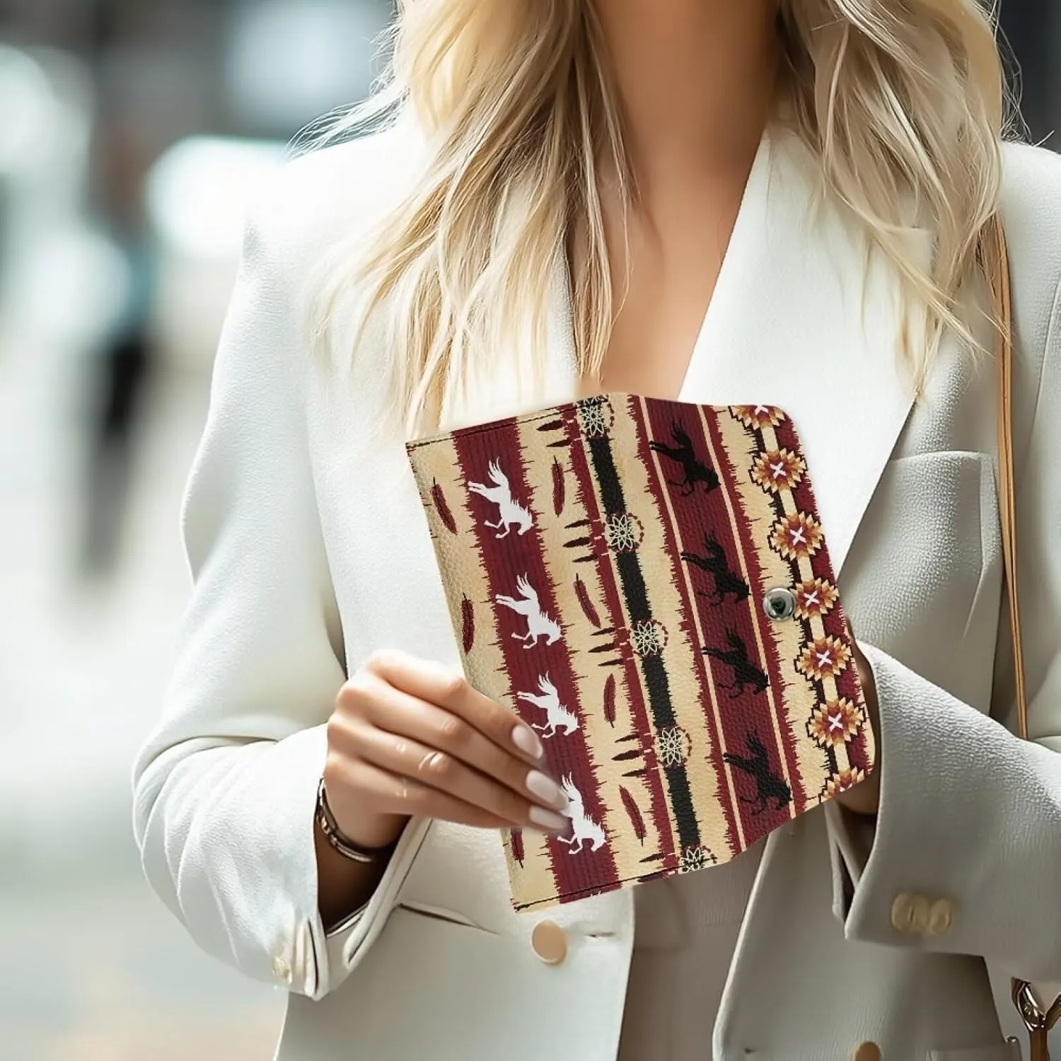 Brown Horse Pattern Long Wallet with Button for Womens Ladies Casual Lightweight Leather Clutch Bags Portable Cash Purses Pouch for Travel Business Shop Outdoor Use