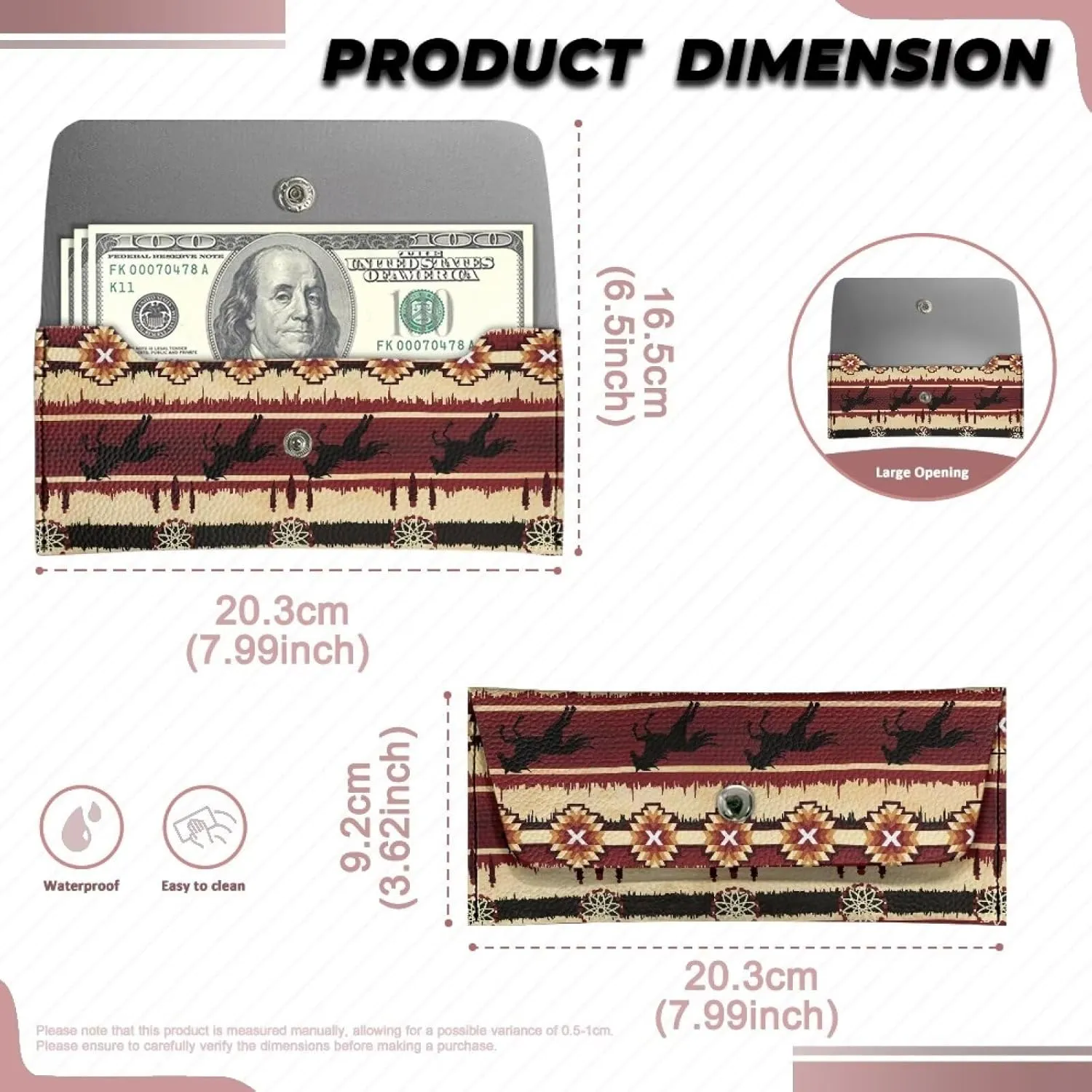 Brown Horse Pattern Long Wallet with Button for Womens Ladies Casual Lightweight Leather Clutch Bags Portable Cash Purses Pouch for Travel Business Shop Outdoor Use