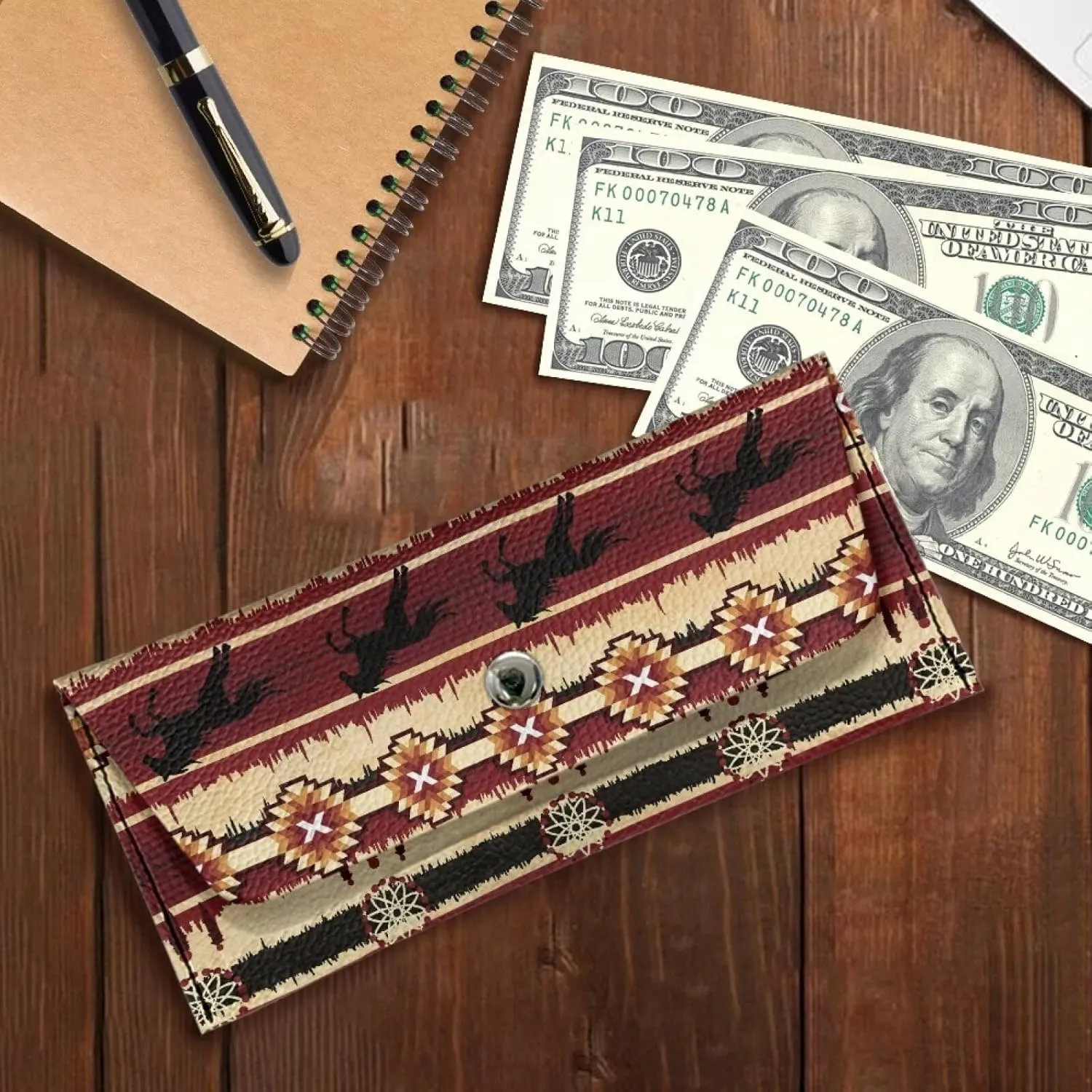 Brown Horse Pattern Long Wallet with Button for Womens Ladies Casual Lightweight Leather Clutch Bags Portable Cash Purses Pouch for Travel Business Shop Outdoor Use