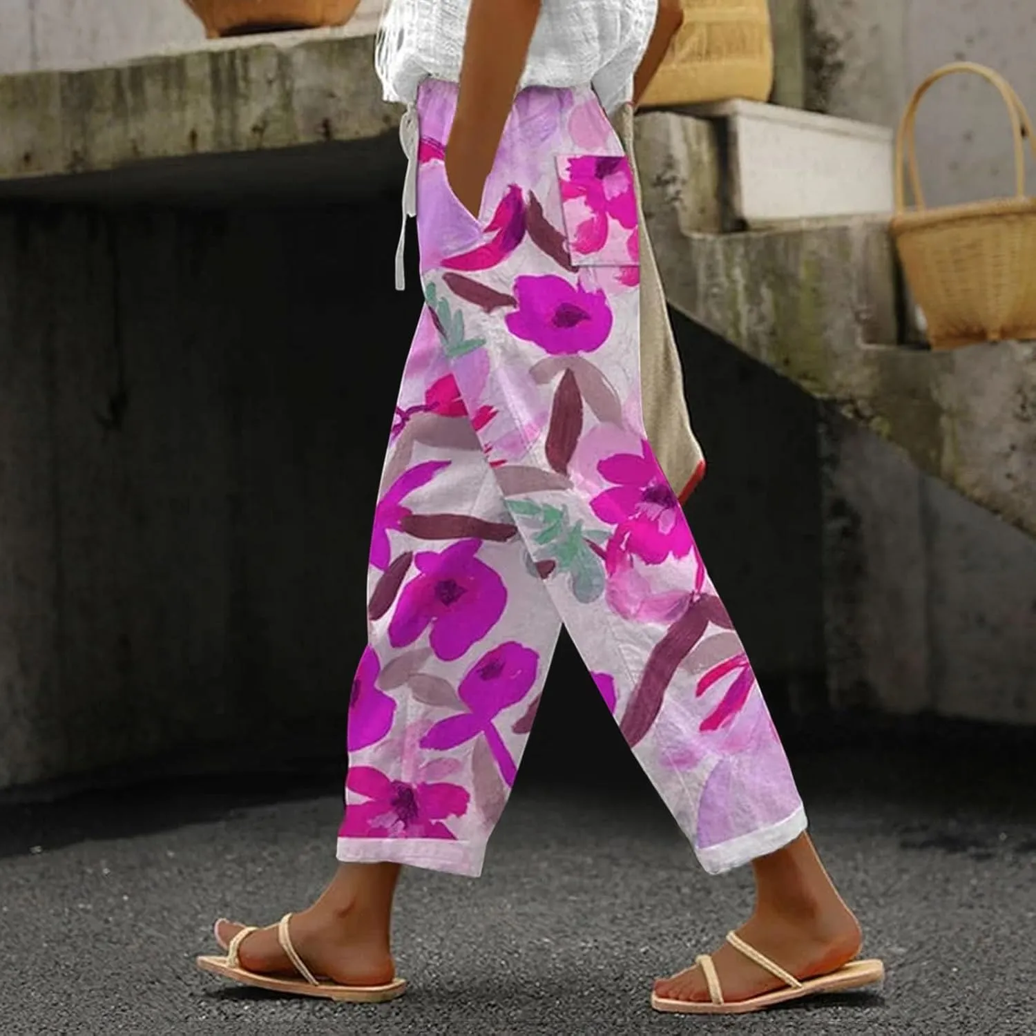 Capri Linen Pants for Women Drawstring Capri Pants with Pockets Wide Leg Cropped Pants for Women Womens Linen Pants