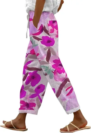 Capri Linen Pants for Women Drawstring Capri Pants with Pockets Wide Leg Cropped Pants for Women Womens Linen Pants