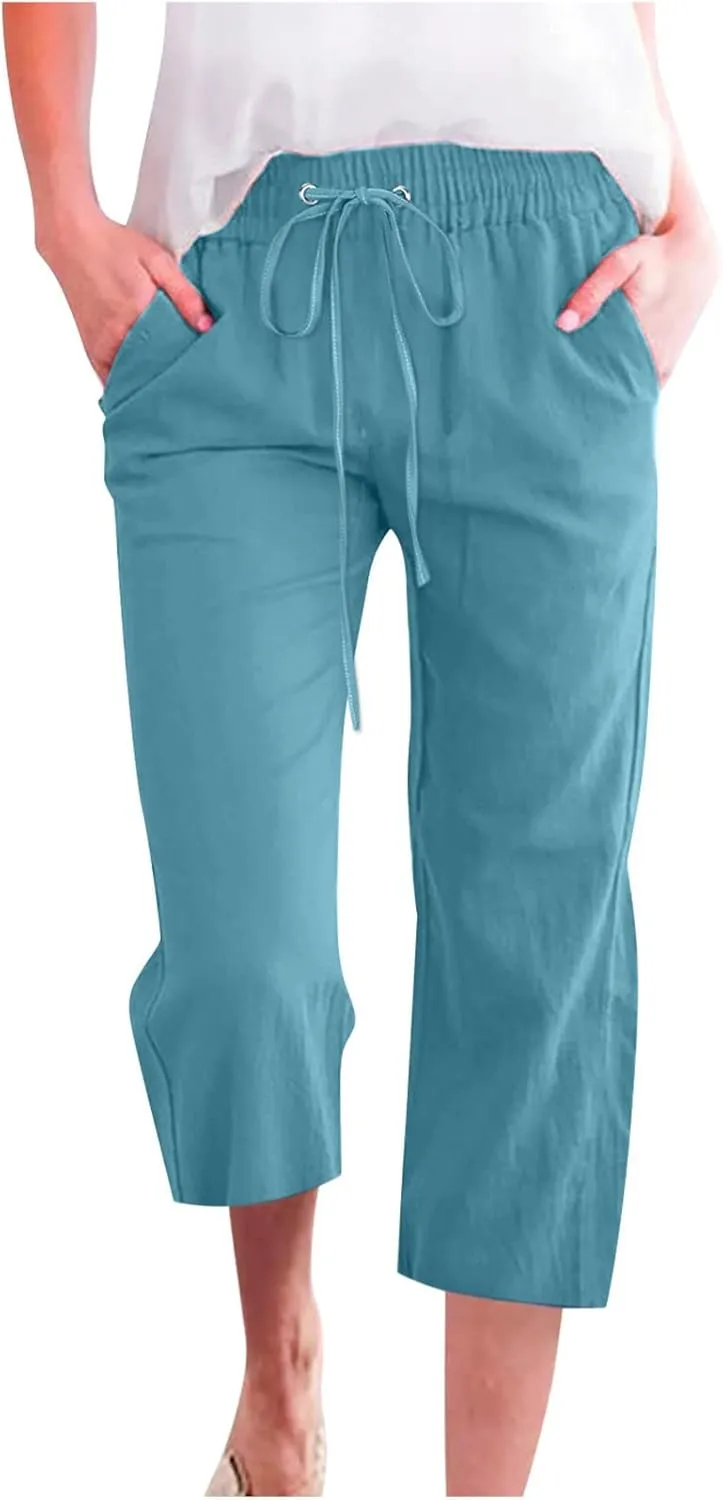 Capri Pants for Women Casual Summer Cotton Linen Cropped Trouser Drawstring Elastic Waist Pant Pocket Wide Leg Capris