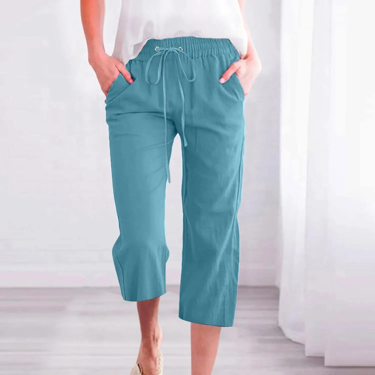 Capri Pants for Women Casual Summer Cotton Linen Cropped Trouser Drawstring Elastic Waist Pant Pocket Wide Leg Capris