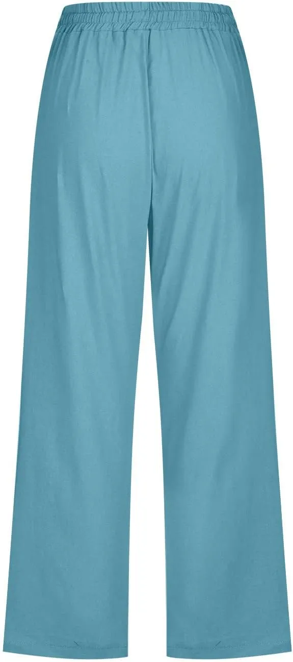 Capri Pants for Women Casual Summer Cotton Linen Cropped Trouser Drawstring Elastic Waist Pant Pocket Wide Leg Capris