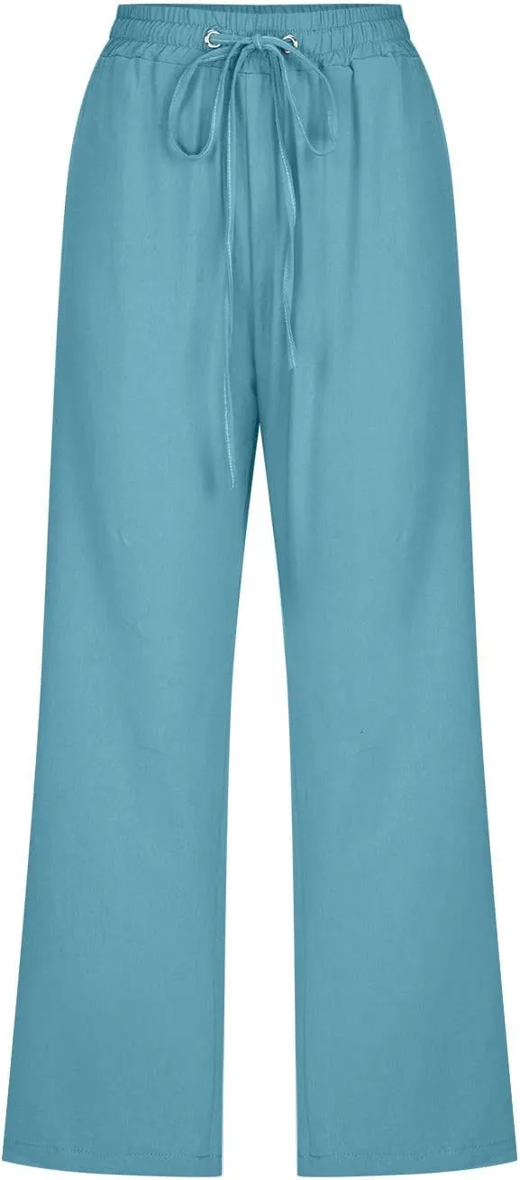 Capri Pants for Women Casual Summer Cotton Linen Cropped Trouser Drawstring Elastic Waist Pant Pocket Wide Leg Capris