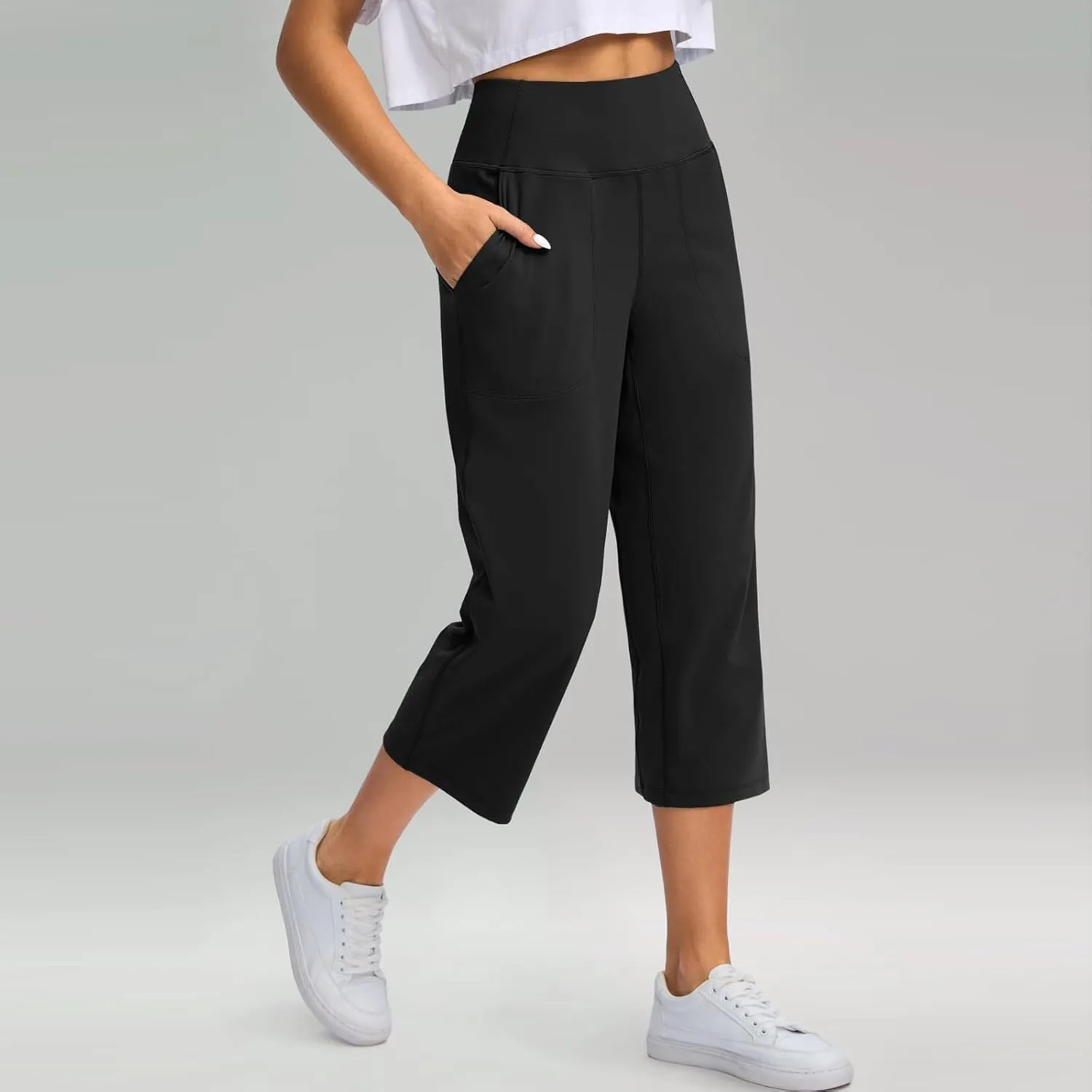 Capris for Women High Waisted Tummy Control Athletic Capri Leggings Cropped Dress Wide Leg Yoga Pants with Pockets