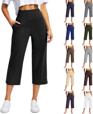 Capris for Women High Waisted Tummy Control Athletic Capri Leggings Cropped Dress Wide Leg Yoga Pants with Pockets