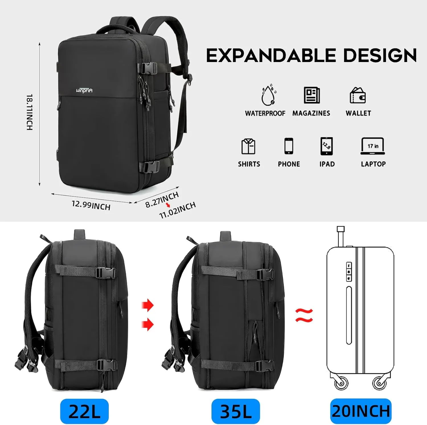 Carry On Backpack for Travel, 35L TSA Approved Flight Approved Backpack, Expandable Waterproof Laptop Backpack Fits 17" Computer, Weekender Bag for Men & Women (Nylon Stripe, 35L)