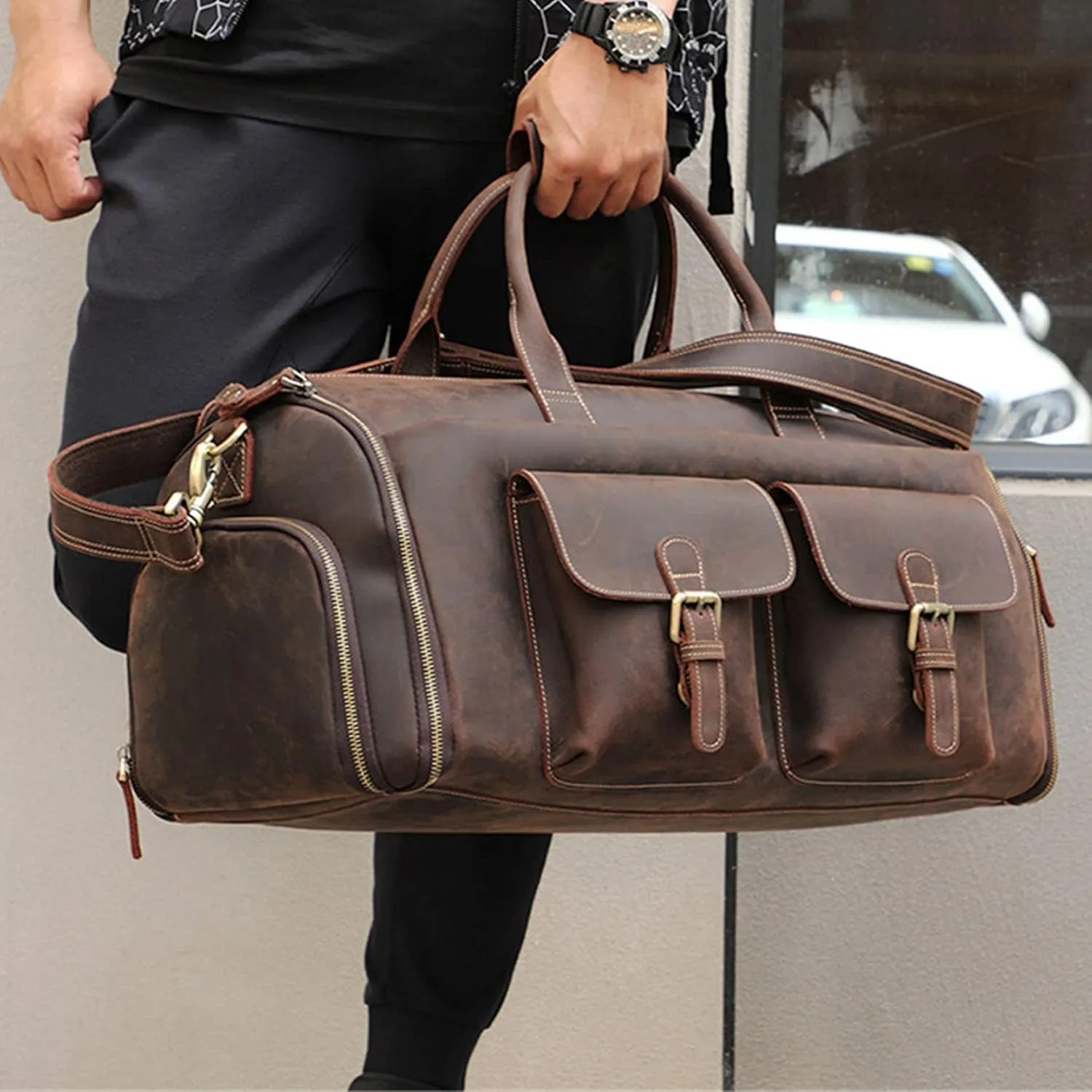 CcacHe Men' s Garment Duffle Bag Travel Duffel Crazy Horse Leather Weekender Overnight Bag Luggage Handbag with Dry Wet Separated Sports Overnight Gym Luggage Weekend Tote