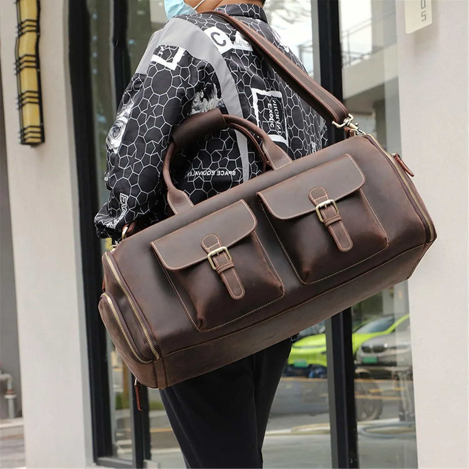 CcacHe Men' s Garment Duffle Bag Travel Duffel Crazy Horse Leather Weekender Overnight Bag Luggage Handbag with Dry Wet Separated Sports Overnight Gym Luggage Weekend Tote