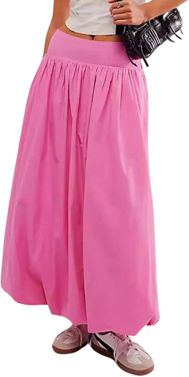CHARTOU Flowy Long Bubble Skirts for Women Boho Cargo Balloon Skirt Elastic Waist Ruffle Pleated Midi Skirt
