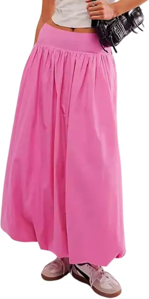 CHARTOU Flowy Long Bubble Skirts for Women Boho Cargo Balloon Skirt Elastic Waist Ruffle Pleated Midi Skirt