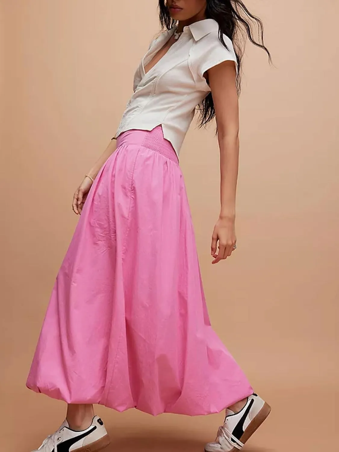CHARTOU Flowy Long Bubble Skirts for Women Boho Cargo Balloon Skirt Elastic Waist Ruffle Pleated Midi Skirt