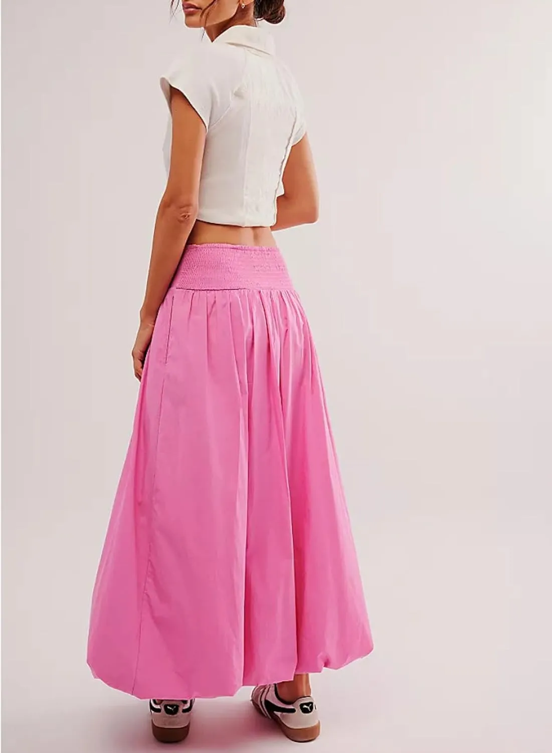 CHARTOU Flowy Long Bubble Skirts for Women Boho Cargo Balloon Skirt Elastic Waist Ruffle Pleated Midi Skirt