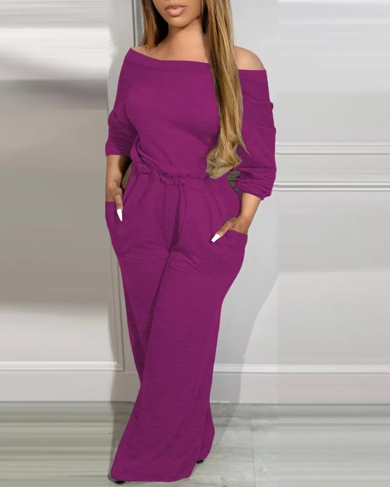 CHICME BEST SHOPPING DEALS Chic Me Off Shoulder Jumpsuits for Women Long Sleeve Wide Leg Dressy Overalls