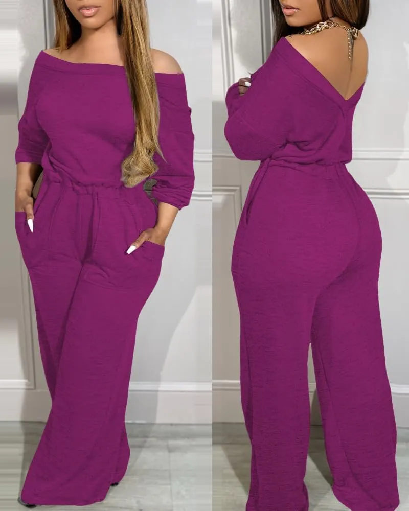 CHICME BEST SHOPPING DEALS Chic Me Off Shoulder Jumpsuits for Women Long Sleeve Wide Leg Dressy Overalls