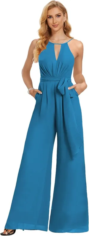 Chiffon Long Jumpsuits for Women Halter Formal Rompers with Pockets Belt Wide Leg Pants One Piece Outfits
