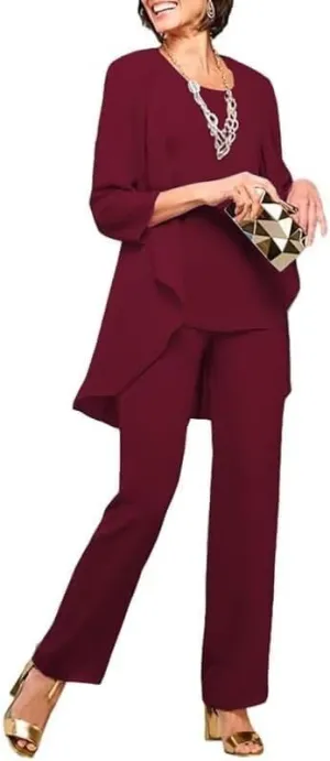 Chiffon Mother of The Bride Pant Suits for Wedding 3 Pieces Wedding Guest Outfits for Women with Jacket